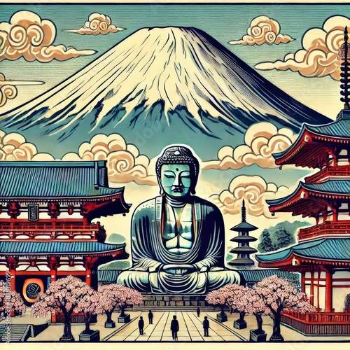 A traditional ukiyo-e style illustration featuring Mount Fuji, Daibutsu, and Kaminarimon, drawn in bold colors and classic Japanese design. 富士山、大仏、雷門を描いた伝統的な浮世絵風のイラスト。太い輪郭と日本独特の色使いが特徴。 photo