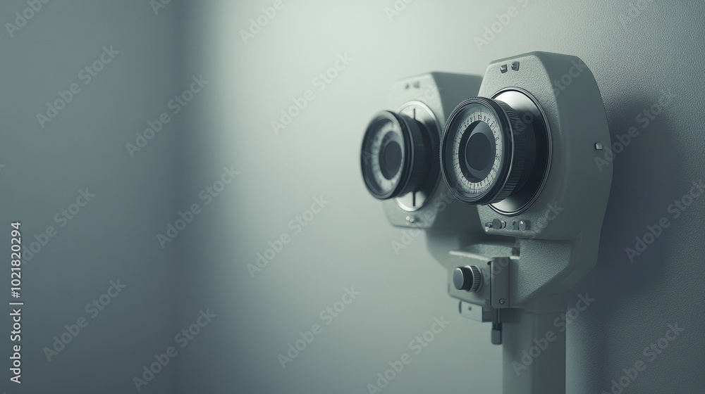 An eye chart, used in hospitals and clinics to test vision, is shown from the side. There's some empty space on the right. An eye chart, used in hospitals and clinics to test vision, is shown from the side. There's some empty space on the right.