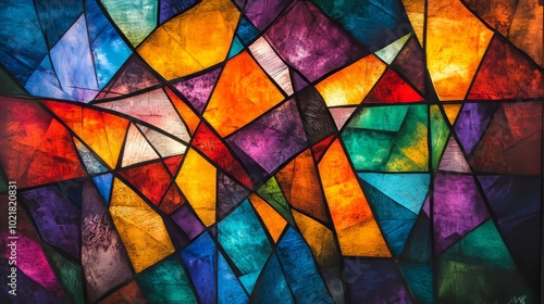 Abstract stained glass with sharp color patterns, emphasizing geometry. 