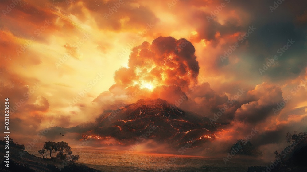 Fototapeta premium A dramatic volcanic eruption with fiery lava and dark clouds against a vibrant sunset sky.