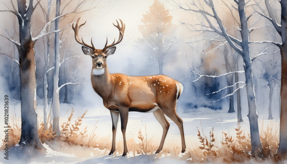 Watercolor majestic deer with serene gaze standing in misty winter forest Watercolor majestic deer with serene gaze standing in misty winter forest