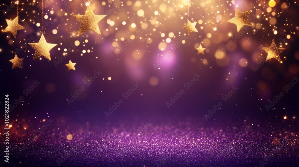 Obraz premium Celebration background with stars, shadows, and glittering dust trails on a purple backdrop. 