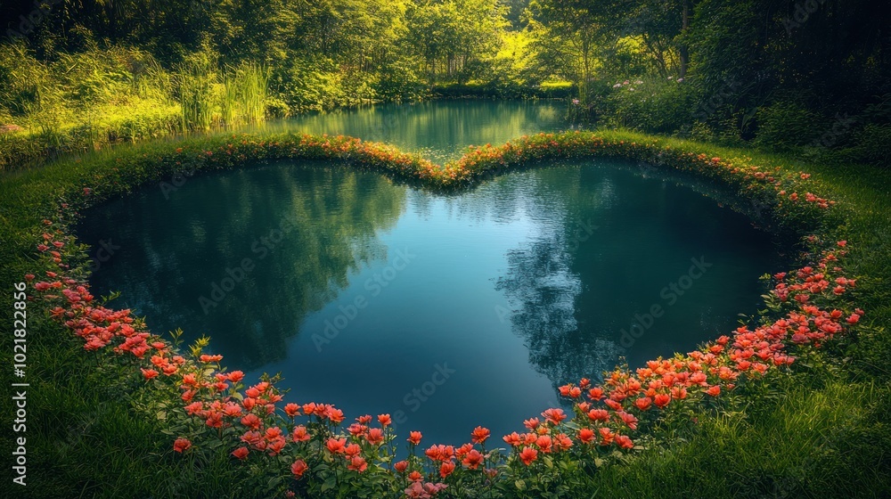 A heart-shaped pond surrounded by lush greenery and pink flowers in a serene forest setting. A heart-shaped pond surrounded by lush greenery and pink flowers in a serene forest setting.