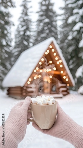 A person wearing pale pink gloves holds a beige mug of hot cocoa with marshmallows, showcasing warmth and happiness in a winter wonderland by a charming cabin