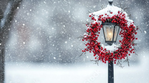 A black street lamp adorned with a festive wreath of red berries stands out in a snowy landscape while snowflakes gently fall around it, creating a serene winter atmosphere