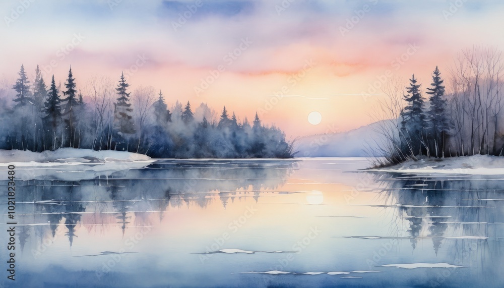 Fototapeta premium Watercolor ethereal winter sunset over frozen lake with silhouetted trees