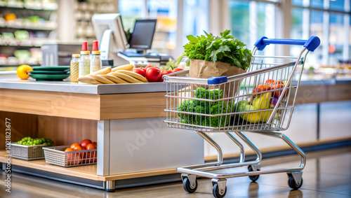 Wallpaper Mural shopping cart in supermarket, grocery cart filled with vegetables and fruits at checkout Torontodigital.ca