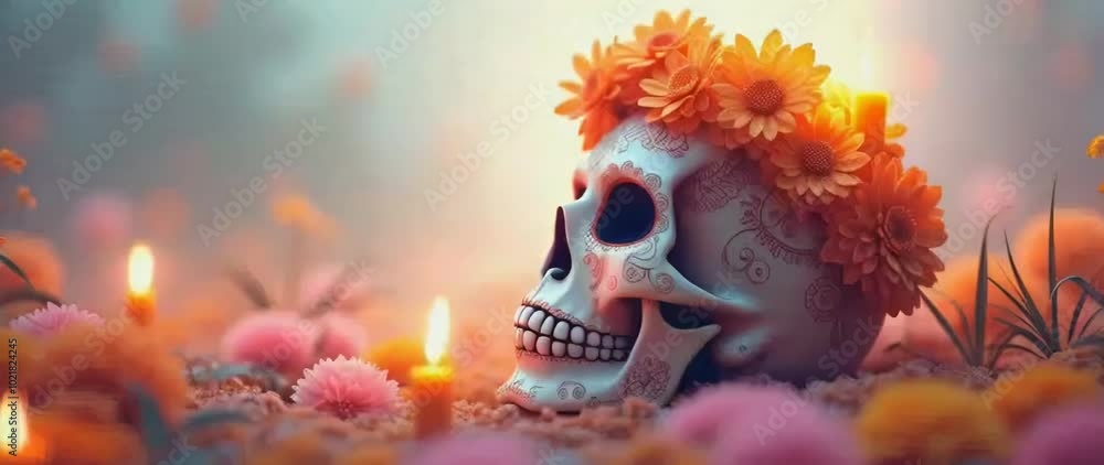 Day of The Dead. Human skull with traditional decorations. HD Video Space Background Day of The Dead. Human skull with traditional decorations. HD Video Space Background