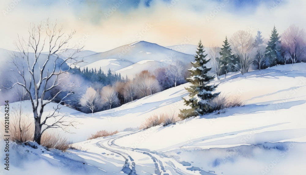 Obraz premium Watercolor winter wonderland with snowy path winding through bare trees and evergreens
