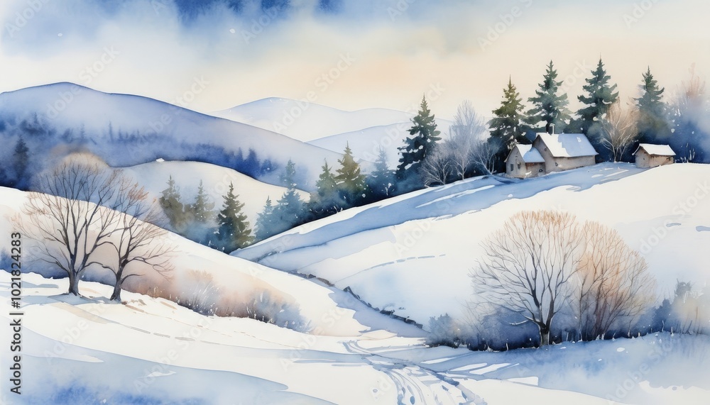 Obraz premium Watercolor serene winter landscape with gently rolling snow-covered hills and misty forests