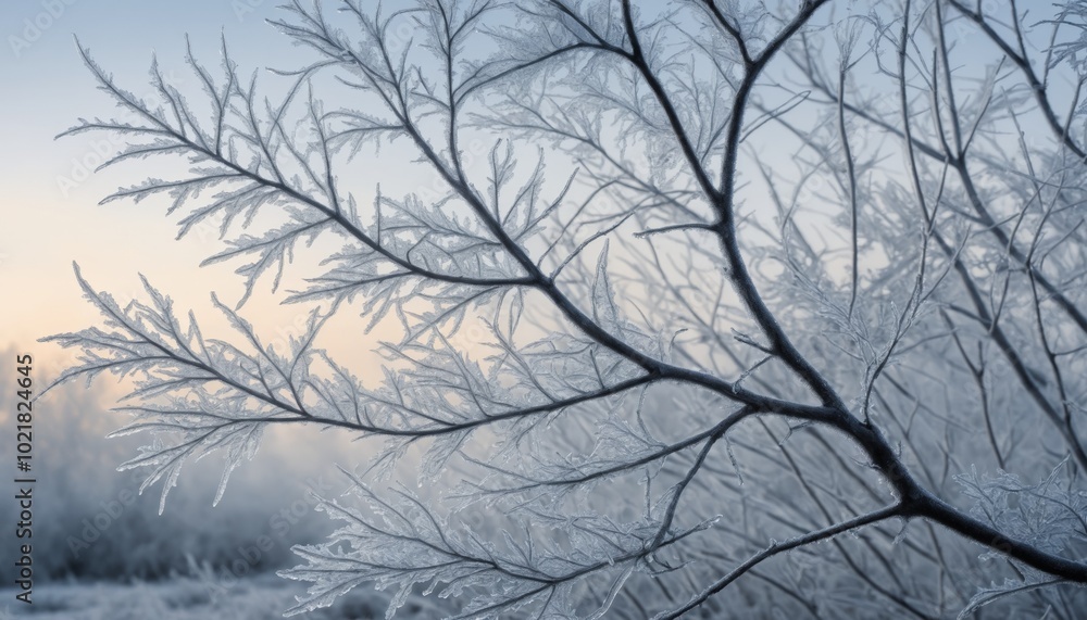 Obraz premium Close-up of intricate frost patterns on bare tree branches against pale winter sky