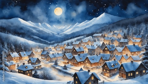 Watercolor panoramic winter wonderland with glowing village nestled in moonlit snowy valley