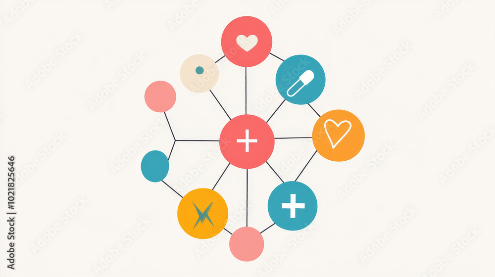 Colorful circles with simple icons like a cross and a heart represent medicine, healthcare, and health. These icons are arranged in a connected group against a plain background. Colorful circles with simple icons like a cross and a heart represent medicine, healthcare, and health. These icons are arranged in a connected group against a plain background.