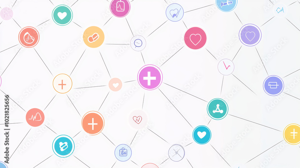 Colorful circles with simple icons like a cross and a heart represent medicine, healthcare, and health. These icons are arranged in a connected group against a plain background. Colorful circles with simple icons like a cross and a heart represent medicine, healthcare, and health. These icons are arranged in a connected group against a plain background.