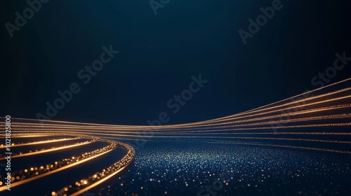 Elegant golden spotlight lines and glitter on a dark blue stage. Award ceremony design template. --