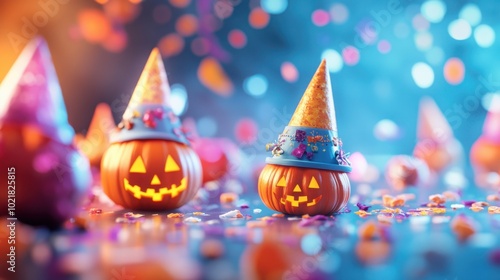 Party hats and Halloween treats spread across a fun background, viewed from the front.