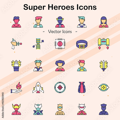 Icons of various superhero characters and attributes.
