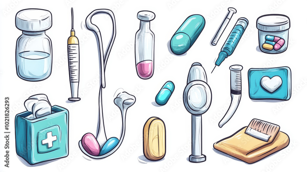 Obraz premium Cute cartoon drawings of medical tools like a vaccine, stethoscope, pills, and a medicine box. It represents healthcare and medicine.