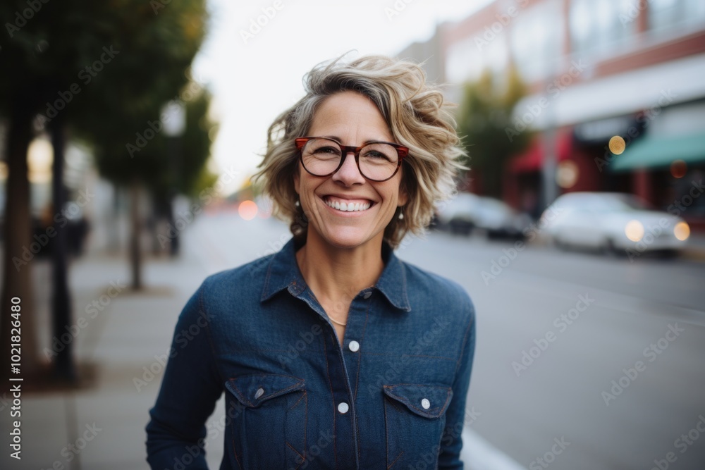 Portrait of a beautiful middle-aged woman with short wavy hair and glasses Portrait of a beautiful middle-aged woman with short wavy hair and glasses