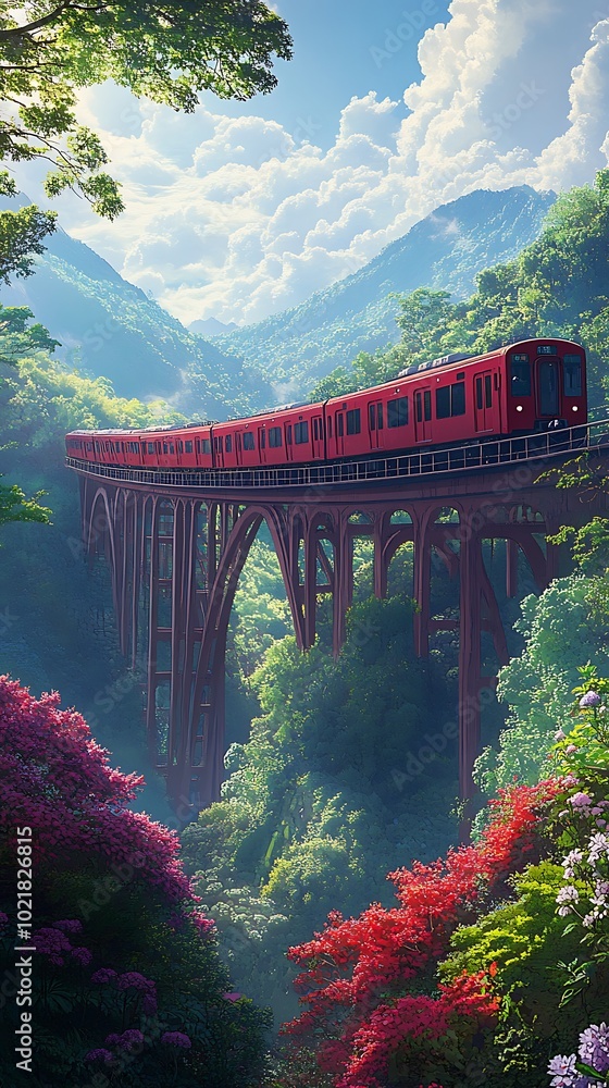 Fototapeta premium Red train on bridge over mountains and green forest, scenic landscape illustration