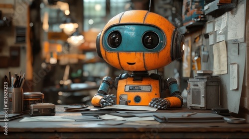 A friendly orange and blue robot sits at a desk in a cluttered workshop, looking up with a smile.