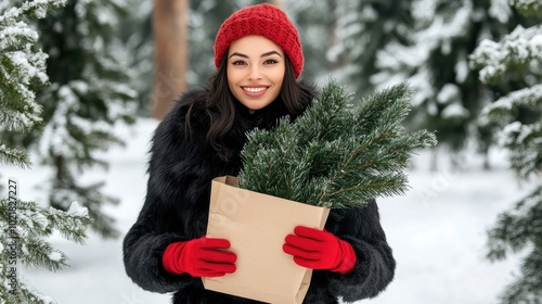 Dressed warmly in a black fur coat and red gloves, a woman holds a brown paper bag filled with pine branches, standing amidst fresh snow in a tranquil winter landscape photo