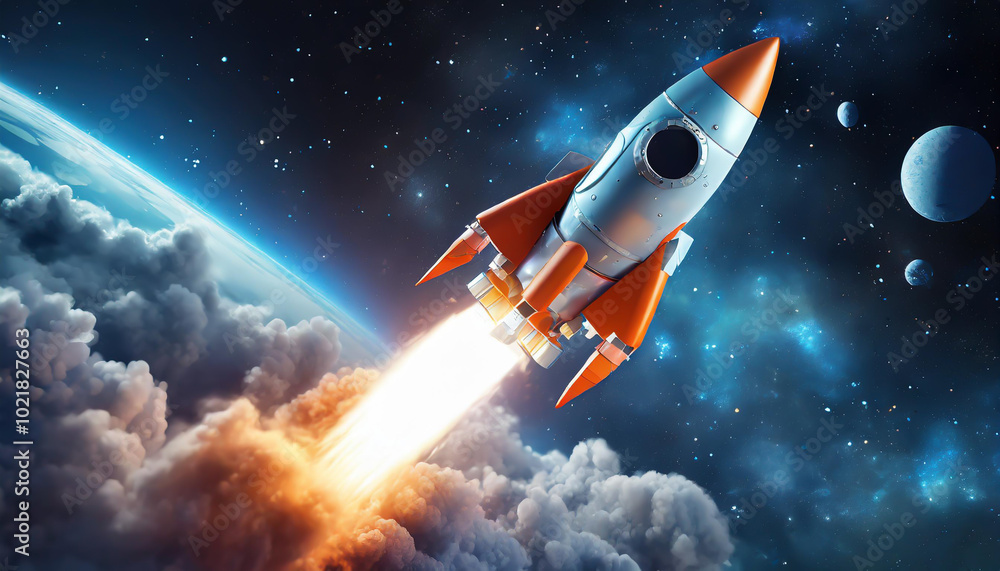 Rocket launching into space with vibrant flames, surrounded by planets and clouds in the cosmos during a breathtaking journey Rocket launching into space with vibrant flames, surrounded by planets and clouds in the cosmos during a breathtaking journey