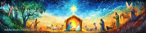 A painting of the Nativity scene with a man and woman in the center