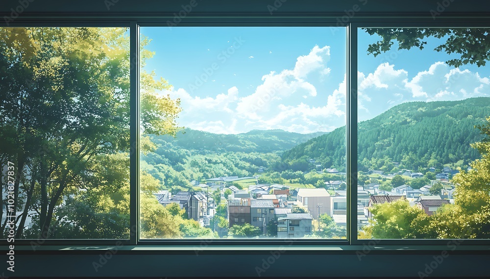 Window view of a peaceful Japanese mountain village with green hills, lush trees, and a blue sky Window view of a peaceful Japanese mountain village with green hills, lush trees, and a blue sky
