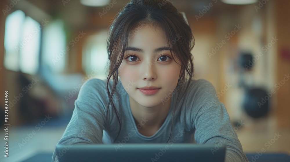 A young woman in a grey long-sleeved shirt lies on the floor in a gym with a tablet in front of her, looking intently at the camera. A young woman in a grey long-sleeved shirt lies on the floor in a gym with a tablet in front of her, looking intently at the camera.