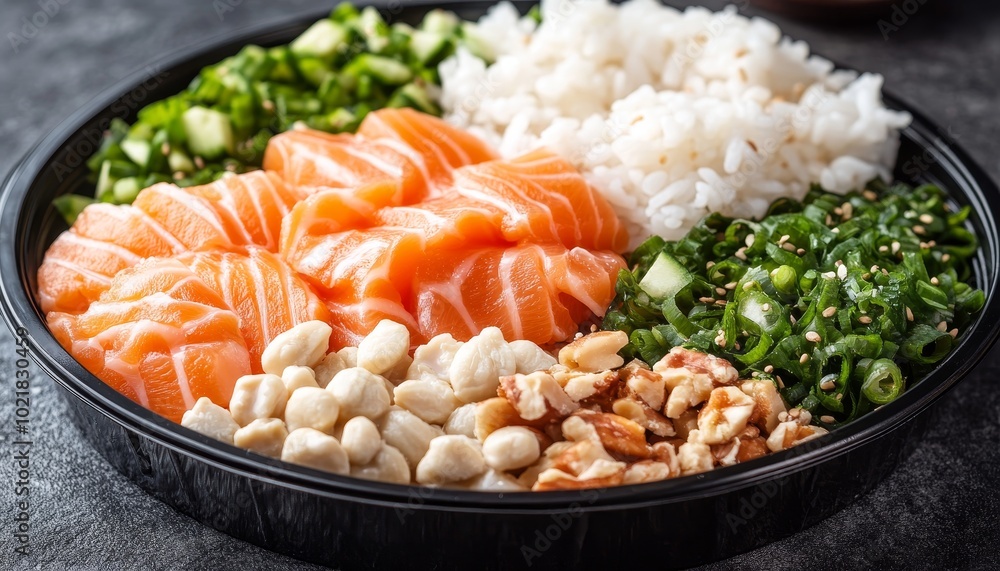 Healthy Poke Bowl with Salmon, Rice, and Fresh Vegetables A Balanced and Nutritious Meal Healthy Poke Bowl with Salmon, Rice, and Fresh Vegetables A Balanced and Nutritious Meal
