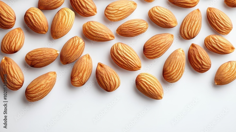 elegant arrangement of fresh almonds scattered gracefully on a pristine white surface the simplicity showcasing their natural textures and rich tones evoking a sense of freshness and health elegant arrangement of fresh almonds scattered gracefully on a pristine white surface the simplicity showcasing their natural textures and rich tones evoking a sense of freshness and health
