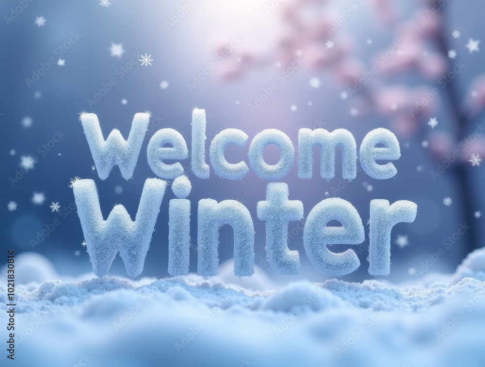 Charming winter wonderland scene featuring frosty lettering that welcomes the winter season with a snowy backdrop and falling snowflakes Charming winter wonderland scene featuring frosty lettering that welcomes the winter season with a snowy backdrop and falling snowflakes