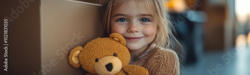 Blond girl with blue eyes holding a bear in her arms photo