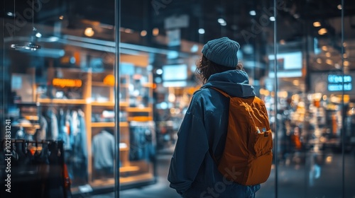 A young person with a backpack stands outside a brightly lit storefront, looking at the clothing displays inside.