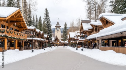 A picturesque winter evening in Efeuuxen features snow-covered trees and charming houses adorned with festive decorations alongside an impressive clock tower