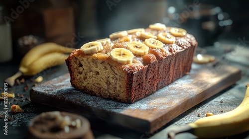 A freshly baked banana bread loaf, topped with banana slices and dusted with powdered sugar, sits on a wooden cutting board.