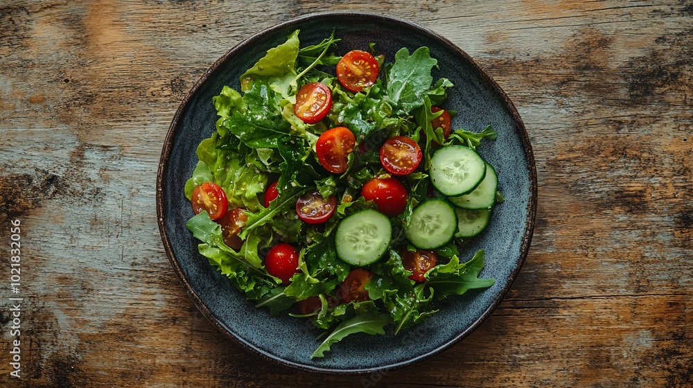 A fresh garden salad with mixed greens, cherry tomatoes, cucumber, and a light vinaigrette A fresh garden salad with mixed greens, cherry tomatoes, cucumber, and a light vinaigrette