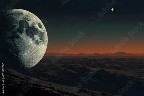 Moon Over Alien Mountain Landscape