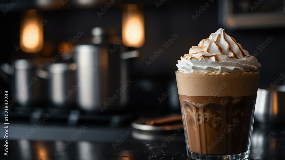 Aesthetic preparation of coffee frappe on a black themed kitchen. bokeh style. Aesthetic preparation of coffee frappe on a black themed kitchen. bokeh style.