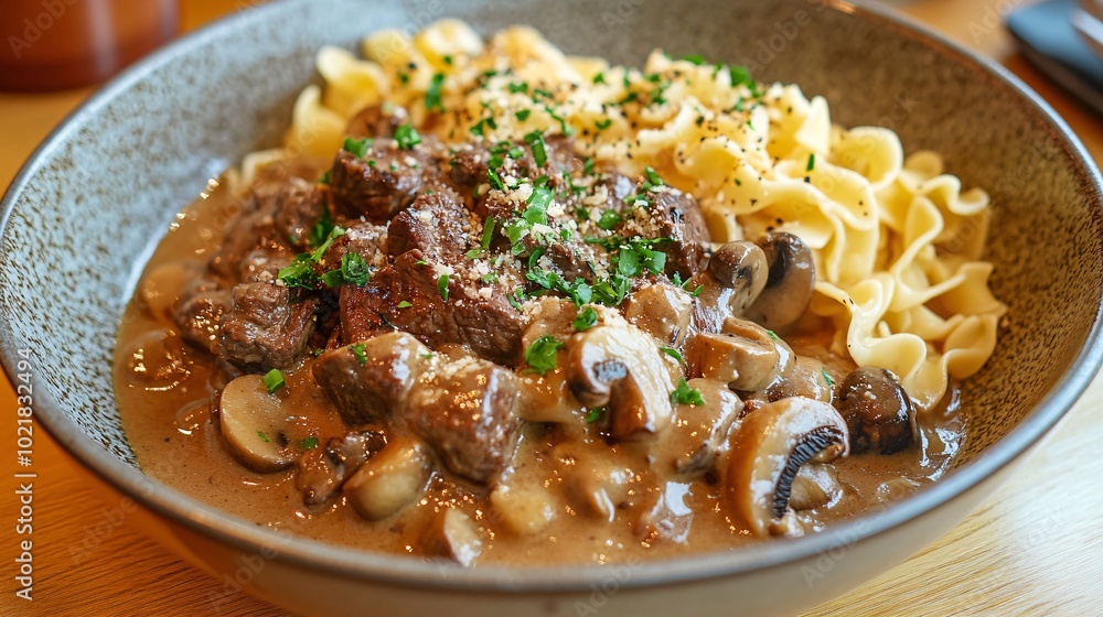 A hearty plate of beef stroganoff with egg noodles and mushrooms A hearty plate of beef stroganoff with egg noodles and mushrooms
