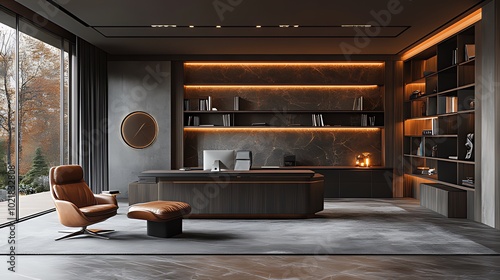 Wallpaper Mural Modern home office interior with leather chair, desk, shelves, and large windows overlooking a garden. Torontodigital.ca