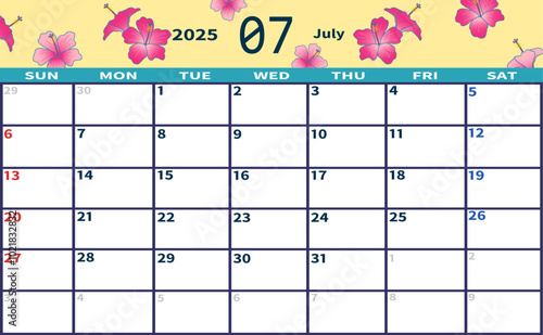 2025年7月の月間カレンダー