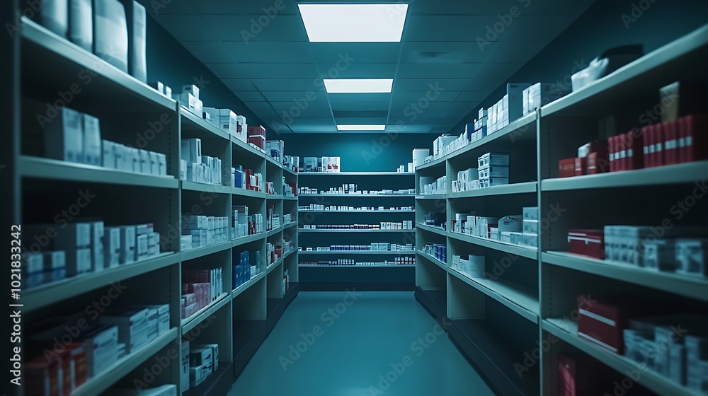 Long aisle with shelves of medicine and pharmaceutical products in a pharmacy Long aisle with shelves of medicine and pharmaceutical products in a pharmacy
