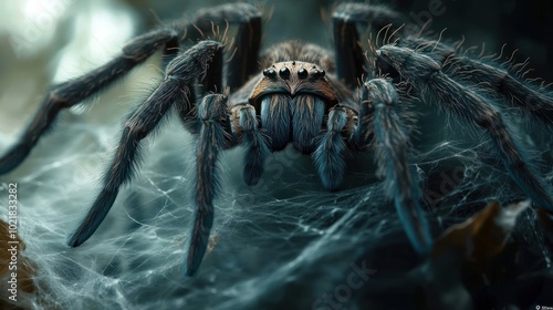 A close-up of a hairy, dark grey spider with large fangs, positioned in the center of its web. It has a blurred background of foliage.