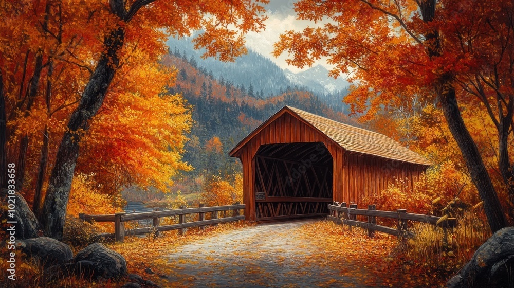 A picturesque covered bridge stands in the middle of a vibrant fall forest, surrounded by fiery orange and yellow leaves. A picturesque covered bridge stands in the middle of a vibrant fall forest, surrounded by fiery orange and yellow leaves.