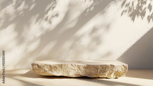 Empty stone podium on beige background in sunlight with shadows for luxury organic cosmetics, skin care, body care, beauty product