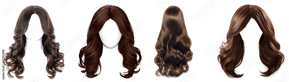 Naklejka premium Female wavy brown hair set collection on transparent cutout background, PNG file. Mockup clipart template