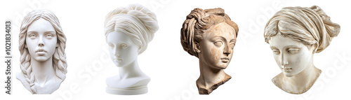 Plaster statue of the head of a mysterious young woman set collection on transparent cutout background, PNG file. Mockup clipart template