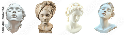 Plaster statue of the head of a mysterious young woman set collection on transparent cutout background, PNG file. Mockup clipart template